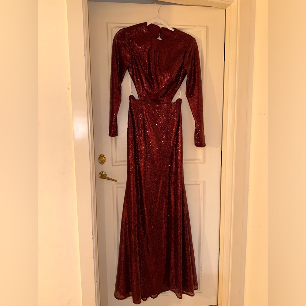 Azazie Burgundy Sequin Long Sleeve Dress